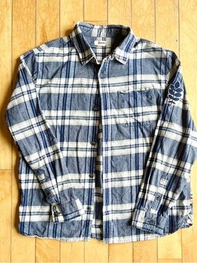 Hudson Bay HBC Stripes Blue Plaid Flannel Embroidered Shirt Size Large